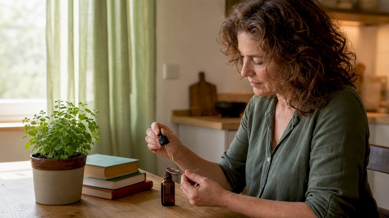 Een vrouw laat een paar druppels CBD-olie op haar lepel vallen terwijl ze aan de keukentafel zit.