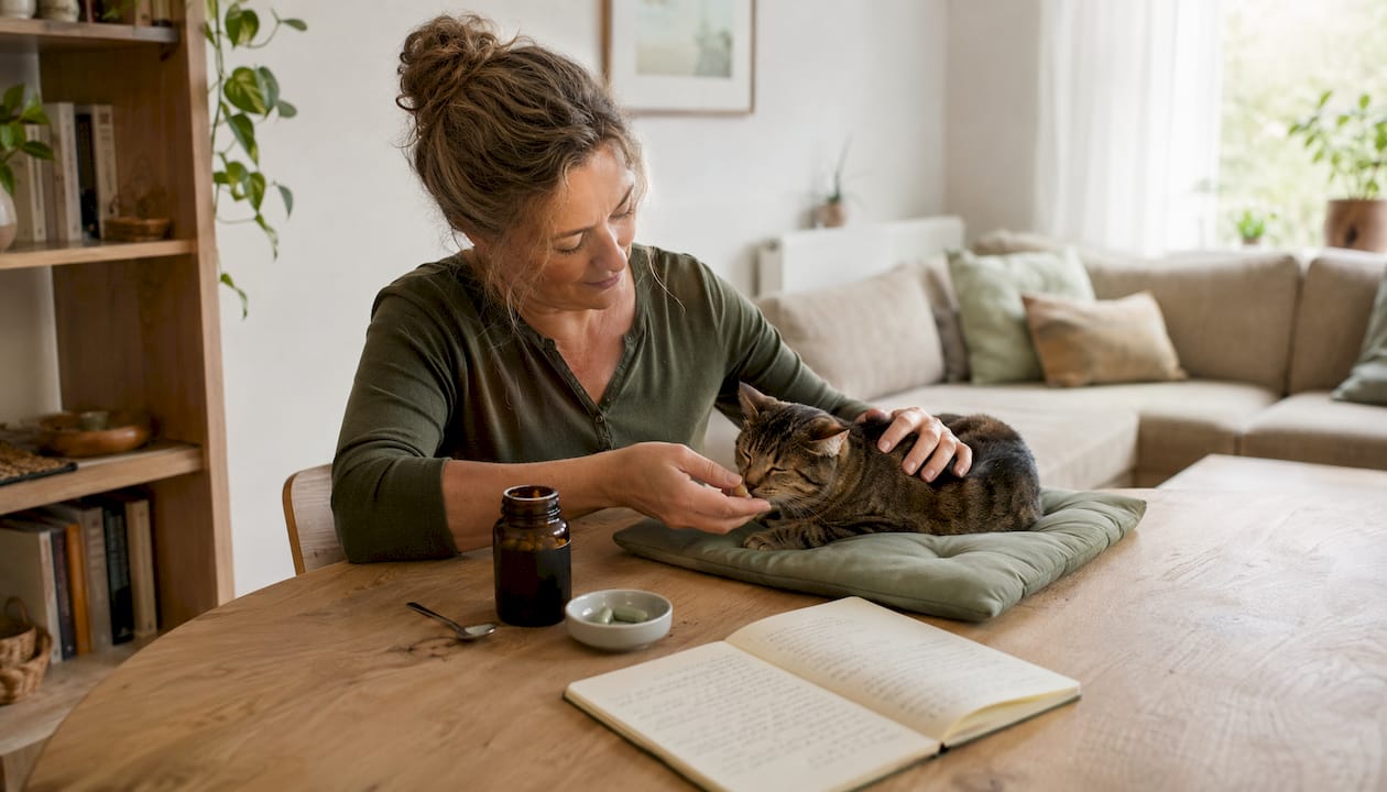 Een vrouw geeft haar kat een natuurlijk voedingssupplement.