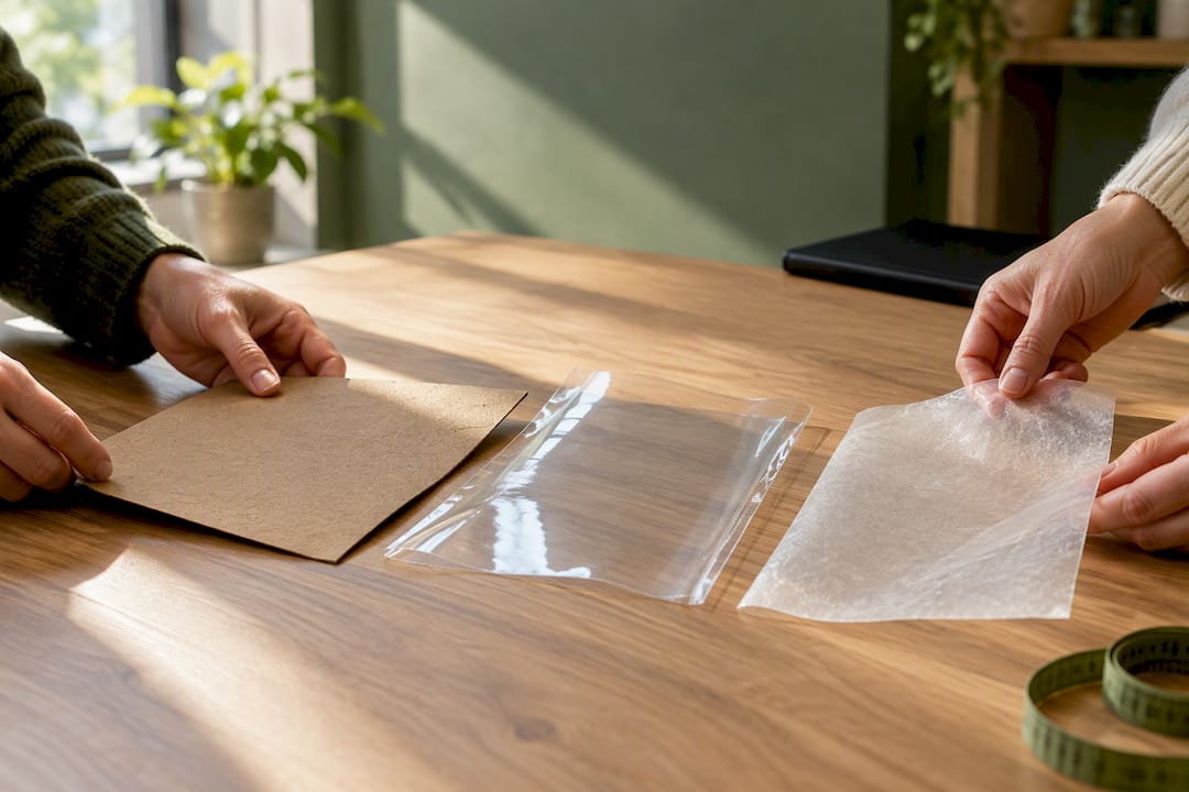 Handen die duurzame verpakkingsmaterialen vergelijken