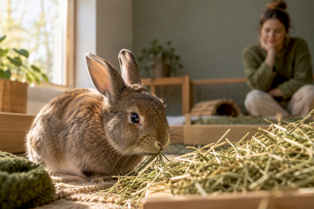 Konijn eet hooi terwijl de eigenaar toekijkt