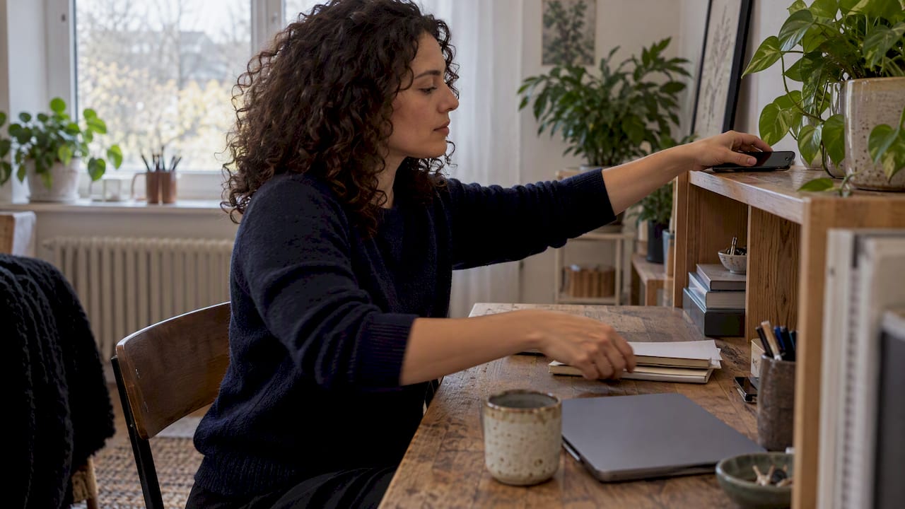 Vrouw legt haar telefoon weg om zich beter te kunnen concentreren