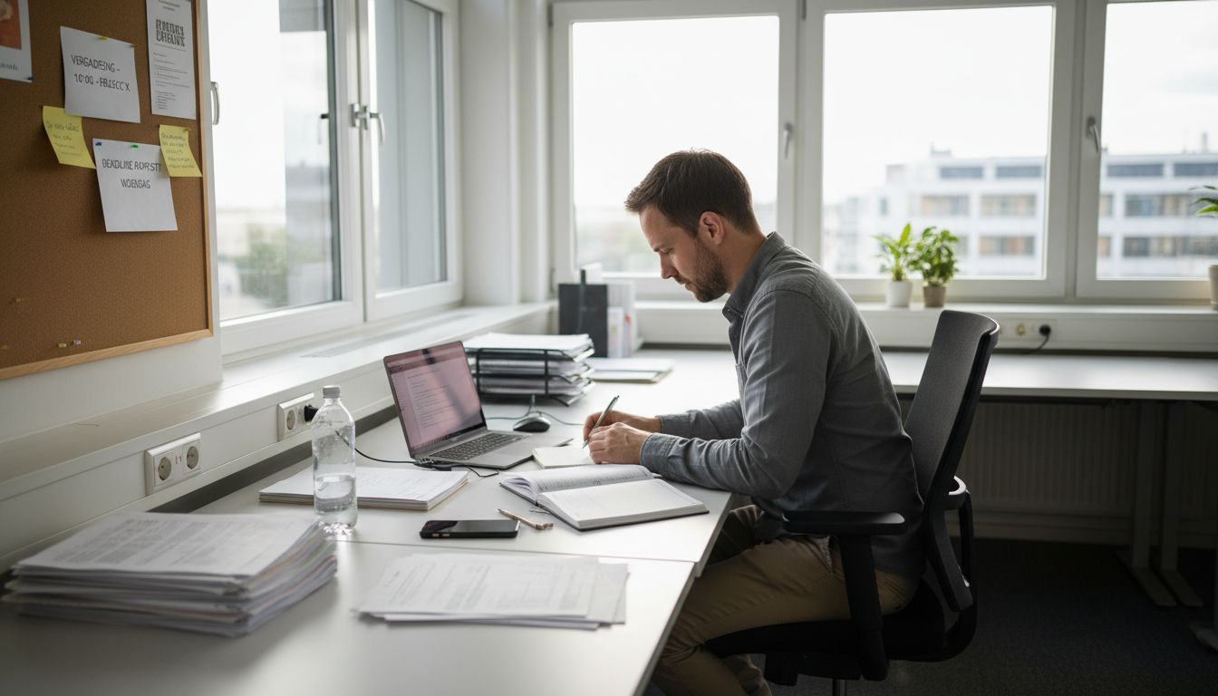 Een medewerker onderzoekt zijn stressniveau terwijl hij aan zijn bureau zit.